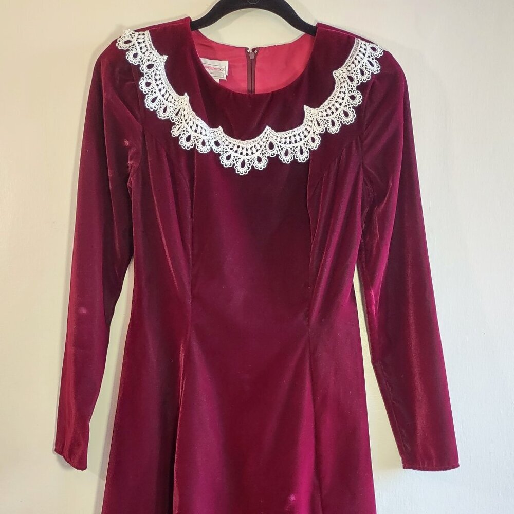 Vintage Gunne Sax Jessica McClintock Cranberry Red Velvet Dress USA Women Sz 5/6 - Picture 2 of 11